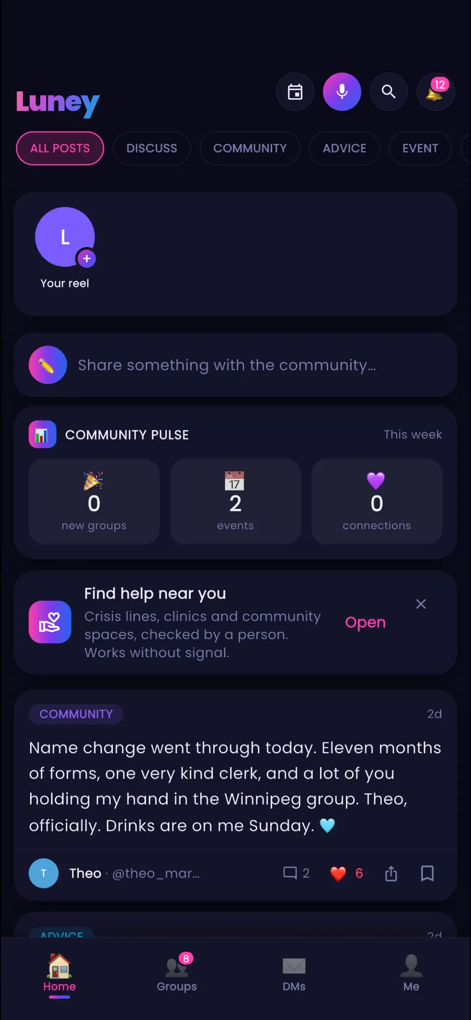 The home feed: post filters along the top, a button to add your reel, a box to share something, the Community Pulse card, and Luna’s post asking who wants to drive out to watch the Perseids.