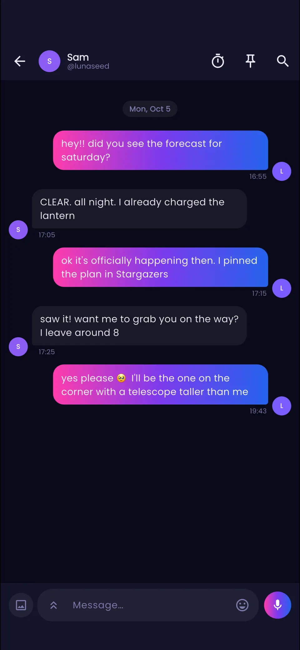 A DM with Luna: the forecast for Saturday is clear, she has pinned the plan in Stargazers, and you offer to pick her up on the way.