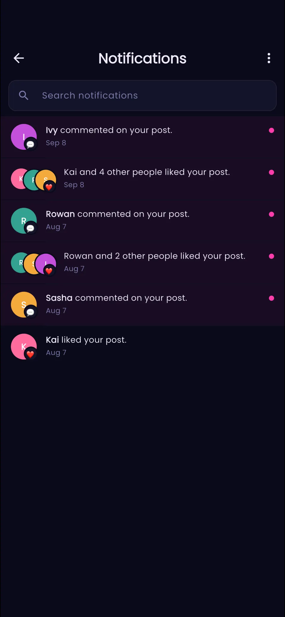 Your notifications: Luna and others liked your post, and Luna, Rowan and Ivy commented on it.